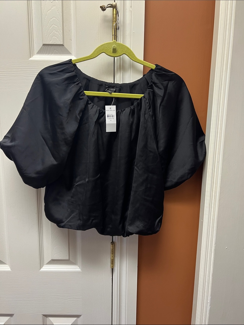 Ann Taylor Black Satin Puff-Sleeve Blouse
